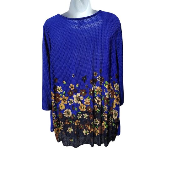 Blue Floral Womens Tunic Top XL Rhinestone Embellished 3/4 Sleeve Stretch - Picture 7 of 9